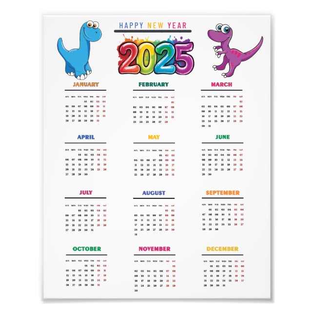  2025 Calendar Colourful Funny Dinosaur Photo Print (Front)