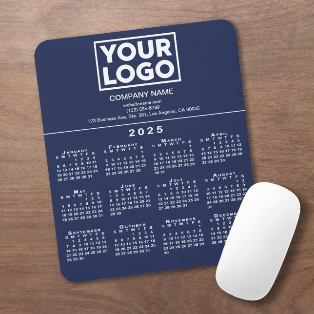 2025 Calendar Company Logo and Text on Navy Blue Mouse Pad (2025 Calendar Company Logo and Text on Navy Blue Mouse Pad in situ)