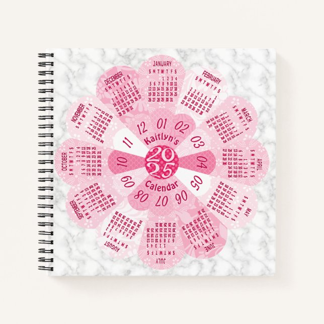 2025 Calendar Custom Boho Retro Pink Flower Marble Notebook (Front)