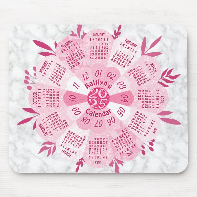 2025 Calendar Custom Name Boho Pretty Pink Flower Mouse Pad (Front)
