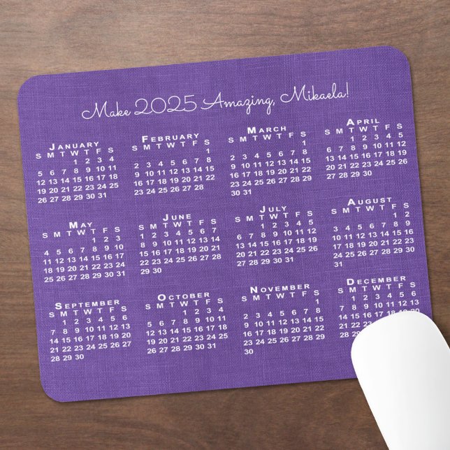2025 Calendar Custom Name Purple Linen Photo Mouse Pad (2025 Calendar Custom Name Purple Linen Photo Mouse Pad in situ)