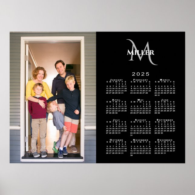 2025 Calendar Custom Photo Monogram Name Black Poster (Front)