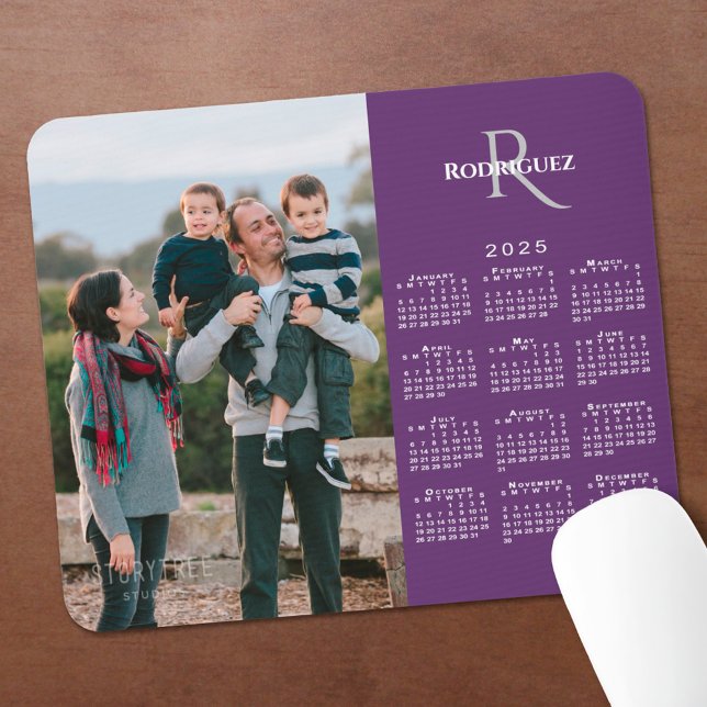 2025 Calendar Custom Photo Monogram Name on Purple Mouse Pad (2025 Calendar Custom Photo Monogram Name on Purple Mouse Pad in situ)