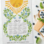 2025 Calendar Cute Sun Blue Flowers Floral Tea Towel<br><div class="desc">Create a personalised 2025 kitchen towel calendar with cute sun and blue flowers illustration. Type your family name and greetings or another text by using the template to make an elegant gift for Thanksgiving day,  Christmas,  New Year on any occasions.</div>