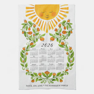 2025 Calendar Cute Sun Orange Flowers Floral Tea Towel