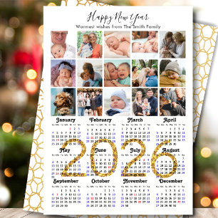2025 Calendar Family 15 Photo Collage Gold Glitter Holiday Card