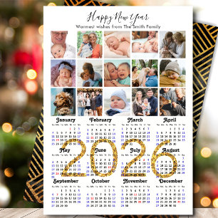 2025 Calendar Family 15 Photo Collage Gold Glitter Holiday Card