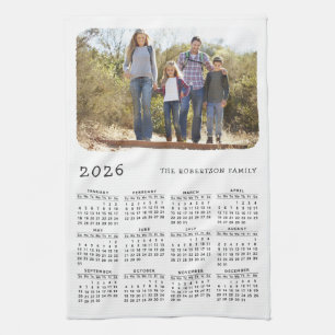 2025 Calendar Family Name Photo Simple White Black Tea Towel