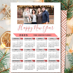 2025 Calendar Family Photo Pink Script Simple Holiday Card