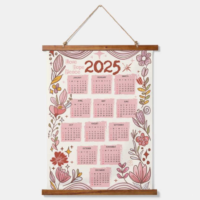 2025 Calendar Floral Love, Hope, Peace Hanging Tapestry (Front)