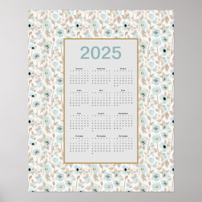 2025 Calendar Full Year Blue Cream Poppies Poster (Front)