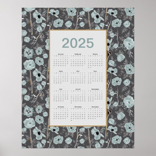 2025 Calendar Full Year Blue Grey Poppies Poster (Front)