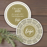 2025 Calendar Gold White Business Logo Holiday Card<br><div class="desc">A modern look for a corporate holiday card. A calendar is included with the New Year with a greeting that can be used for any business. Add your logo and simple text to this unique design a circular calendar and a place to add your business information on the back. If...</div>