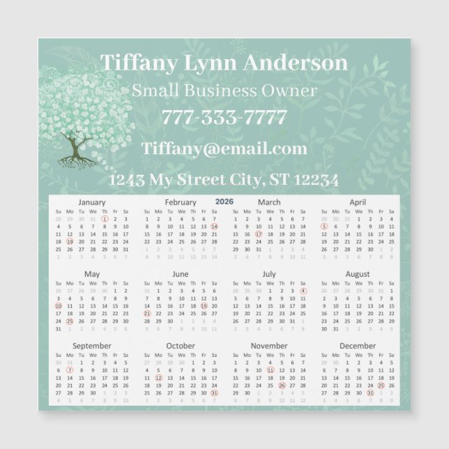 2025 Calendar Heart Leaf Tree Floral Mint Green (Front)