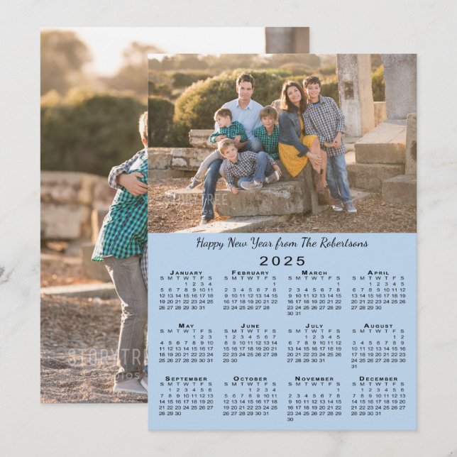 2025 Calendar Light Blue 2 Photos Happy New Year Holiday Card (Front/Back)