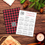 2025 Calendar Logo QR Code Red Black Gingham Check Holiday Card<br><div class="desc">Wish your customers a Happy New Year with a custom holiday card featuring your business logo, greeting, and company name over a black 2025 calendar on a white background on the front. The back features a customisable QR code on a red and black gingham check pattern. Replace the sample logo,...</div>