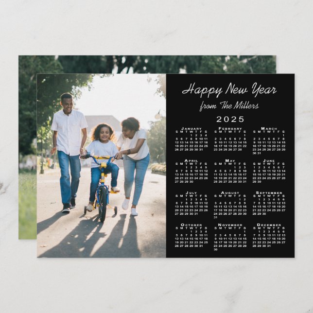 2025 Calendar Modern Black 2 Photo Happy New Year Holiday Card (Front/Back)