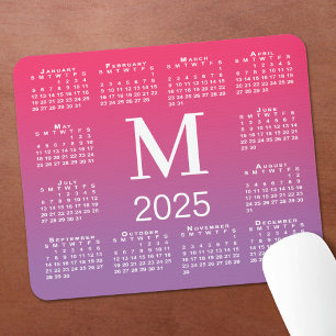 2025 Calendar Monogram on Pink to Purple Gradient Mouse Pad