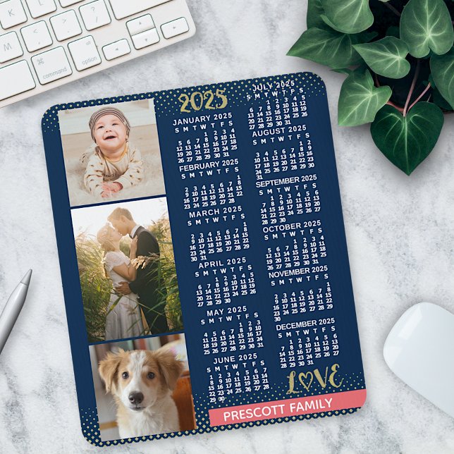 2025 Calendar Navy Coral Gold Family Photo Collage Mouse Pad (Creator Uploaded)