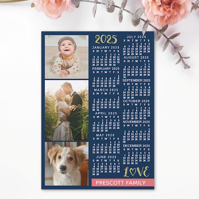 2025 Calendar Navy Coral Gold Photo Collage Magnet (Creator Uploaded)