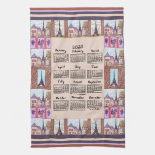 2025 Calendar Paris Eiffel Tower Pointillism Art Tea Towel
