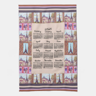 2025 Calendar Paris Eiffel Tower Pointillism Art Tea Towel