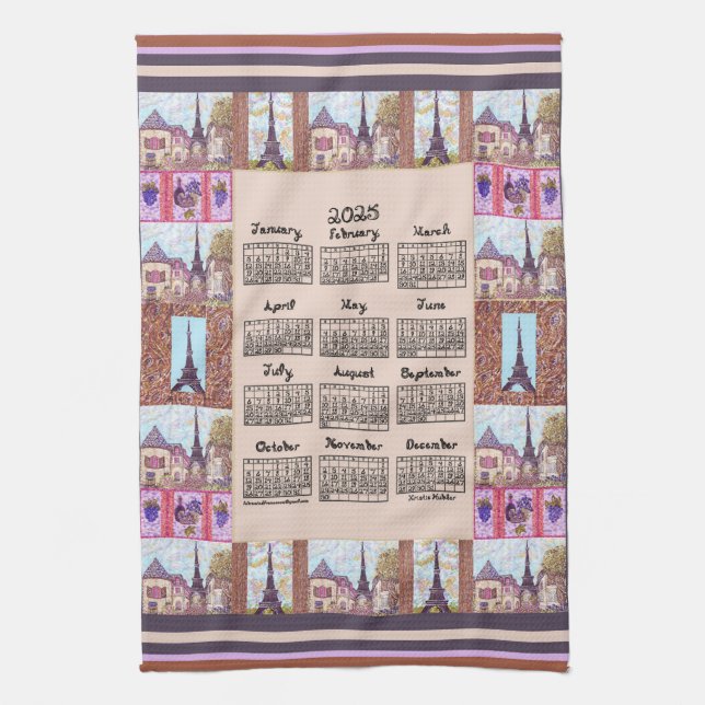 2025 Calendar Paris Eiffel Tower Pointillism Art Tea Towel (Vertical)