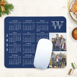 2025 Calendar Photo Collage Navy Blue Monogrammed Mouse Pad<br><div class="desc">This personalized 2025 photo calendar mouse pad is easy to customize with your pictures,  family name and an initial letter using the template. This design is in navy blue and white.</div>
