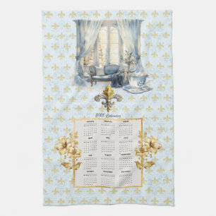 2025 Calendar Towel Blue Fleur de Lis Parisian 