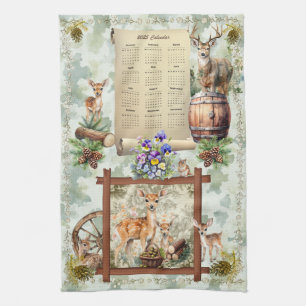 2025 Calendar Towel Deer Buck Pansies Acorns Green