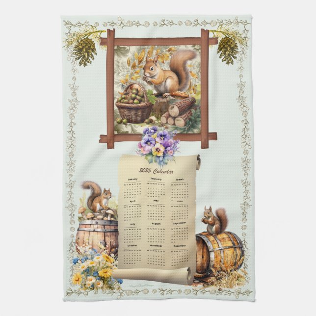 2025 Calendar Towel Squirrels Pansies Acorns Green (Vertical)