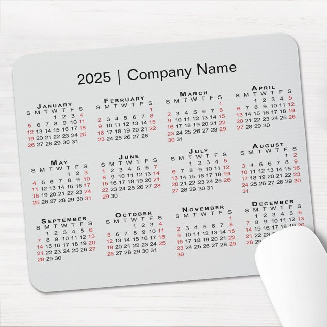2025 Calendar with Company Name on Light Grey Mouse Pad (2025 Calendar with Company Name on Light Grey Mouse Pad in situ)