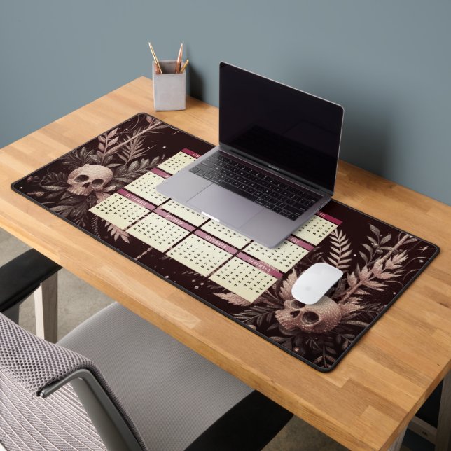 2025 Calendar with Flowers and Skulls Desk Mat (Office 2)