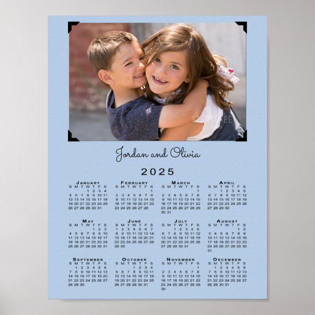 2025 Calendar with Your Photo and Name Light Blue Poster (Front)