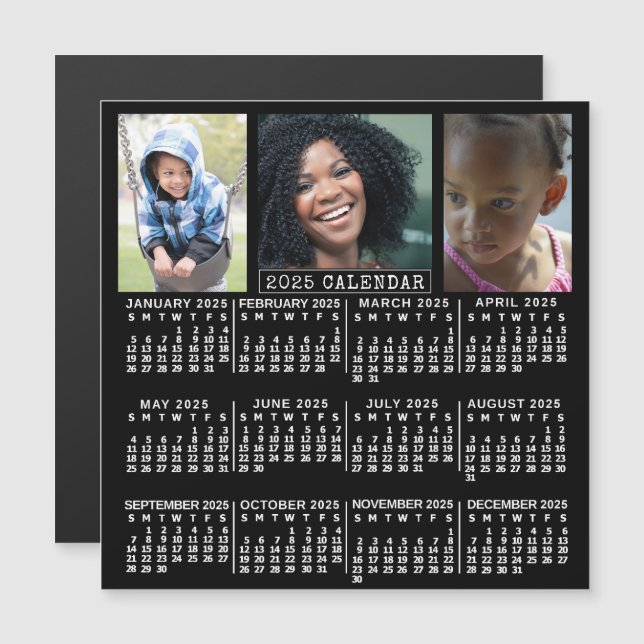 2025 Calendar Year Black | 3 Custom Photo Collage Magnetic Invitation (Front/Back)