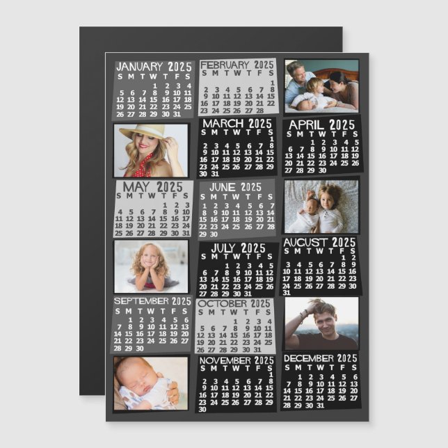 2025 Calendar Year Black Mod Custom Photo Collage Magnetic Invitation (Front/Back)