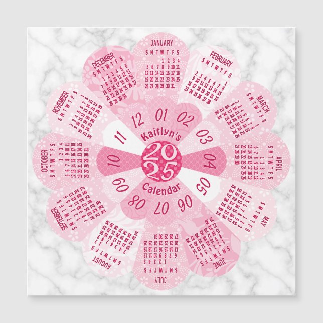 2025 Calendar Year Custom Boho Pink Flower Magnet (Front)
