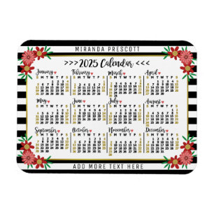 2025 Calendar Year Monthly Floral Stripes   Custom Magnet