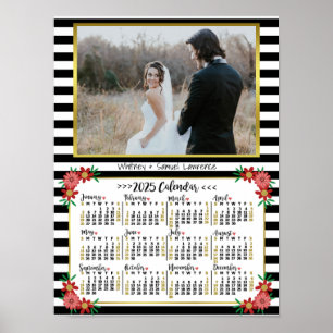2025 Calendar Year Preppy Floral Stripes   Photo Poster