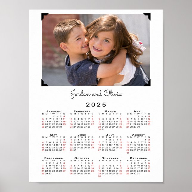 2025 Calendar Your Photo and Name on White Poster (Front)