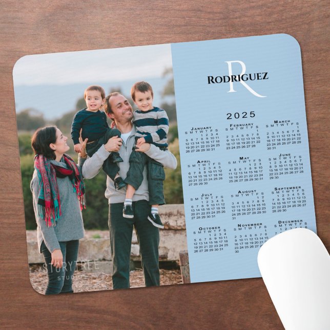 2025 Calendar Your Photo Monogram Name Light Blue Mouse Pad (2025 Calendar Your Photo Monogram Name Light Blue Mouse Pad in situ)