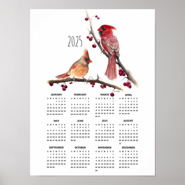 2025 Cardinal Pair Winter Poster Calendar (Front)