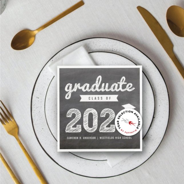 2025 Chalkboard Bold Sketch Graduation Party Paper Napkin (Class of 20YY Chalkboard Bold White Sketch Graduation Party Paper Napkin @ zazzle.com/color_therapy)
