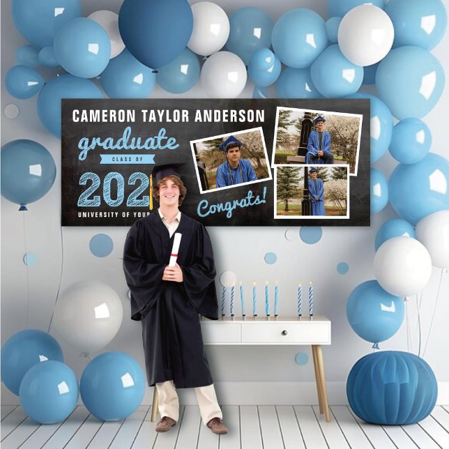2025 Chalkboard Sketch 3 Photo Collage Grad Party Banner (2024 Black Chalkboard & Blue Sketch 3 Photo Graduation Party Banner @ www.zazzle.com/color_therapy)