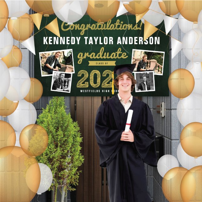 2025 Chalkboard Sketch 4 Photo Graduation Party Banner (2024 Green Chalkboard Gold Sketch 4 Photo Graduation Party Banner @ www.zazzle.com/color_therapy)