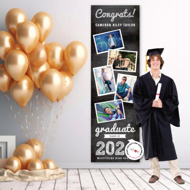 2025 Chalkboard Sketch 5 Photo Graduation Party Banner (20YY Black Chalkboard & White Sketch, 5 Photo Graduation Party Banner @ www.zazzle.com/color_therapy)