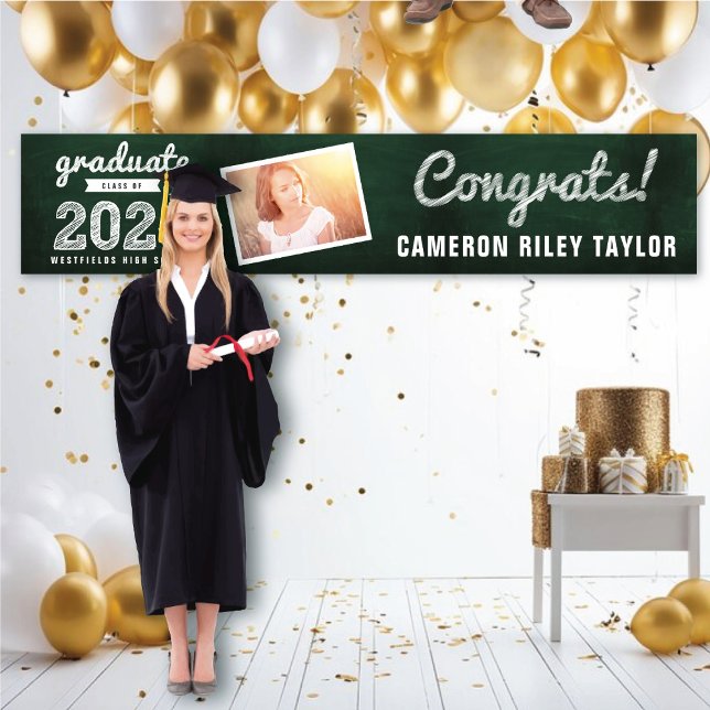 2025 Chalkboard Sketch Graduation Party Photo Banner (2024 Green Chalkboard & White Sketch 1 Photo Graduation Party Banner @ www.zazzle.com/color_therapy)