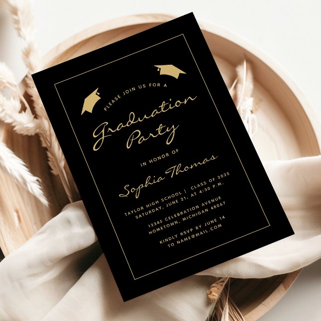 2025 Classic Black Gold Border Graduation Party Invitation (Creator Uploaded)