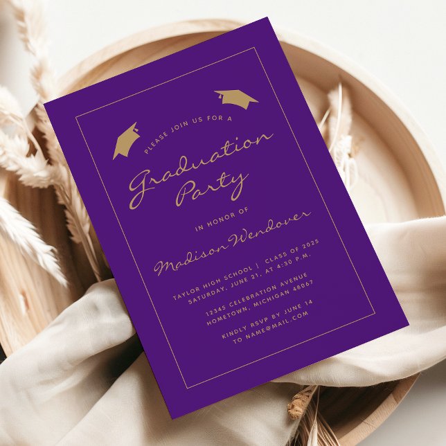 2025 Classic Purple Gold Border Graduation Party Invitation (Creator Uploaded)