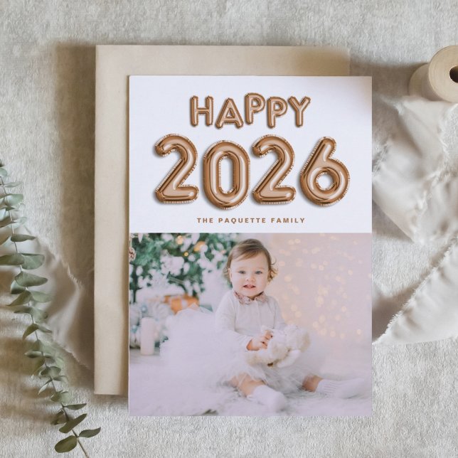 2025 Copper Foil Mylar Balloons Photo New Year Holiday Card (Customizable photo Happy 2026 New Year card featuring copper foil mylar balloons.)